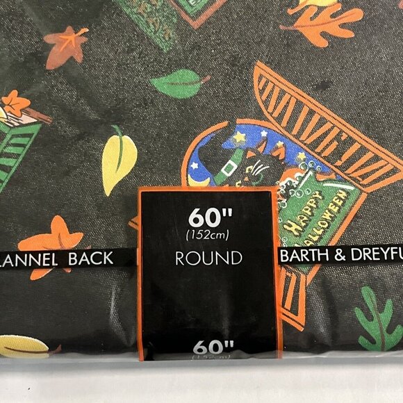 Halloween Boo Vinyl Tablecloth Round 152cm Black Ghost Pumpkin Leaves Cats Party - Picture 3 of 7